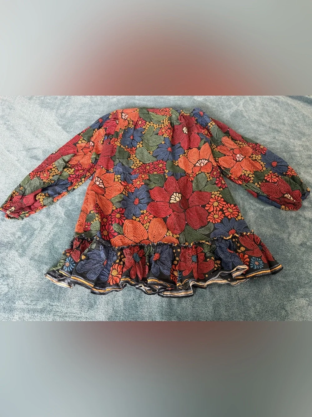 Farm Rio Black Stitched Flowers Long Sleeve Mini Dress Size M Boho Fall Colors - Picture 9 of 9
